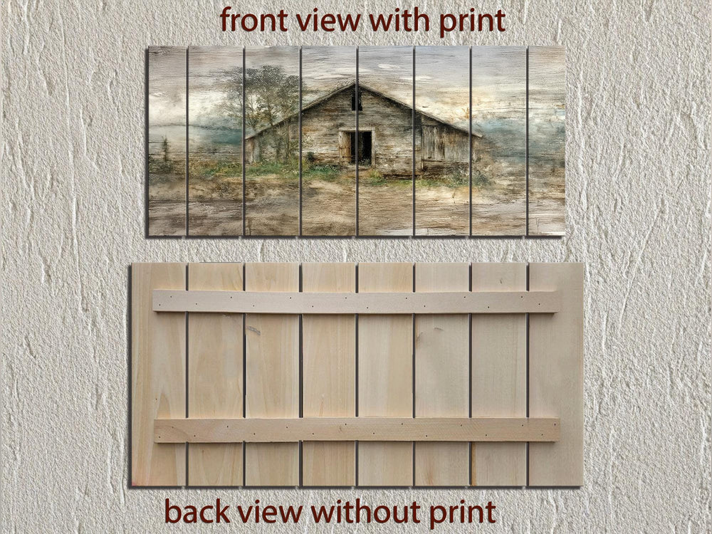 Rustic barn wall art printed on horizontal wood planks with a distressed farmhouse finish.