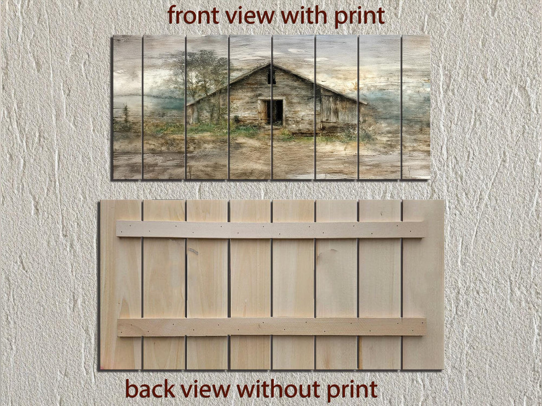 Rustic barn wall art printed on horizontal wood planks with a distressed farmhouse finish.