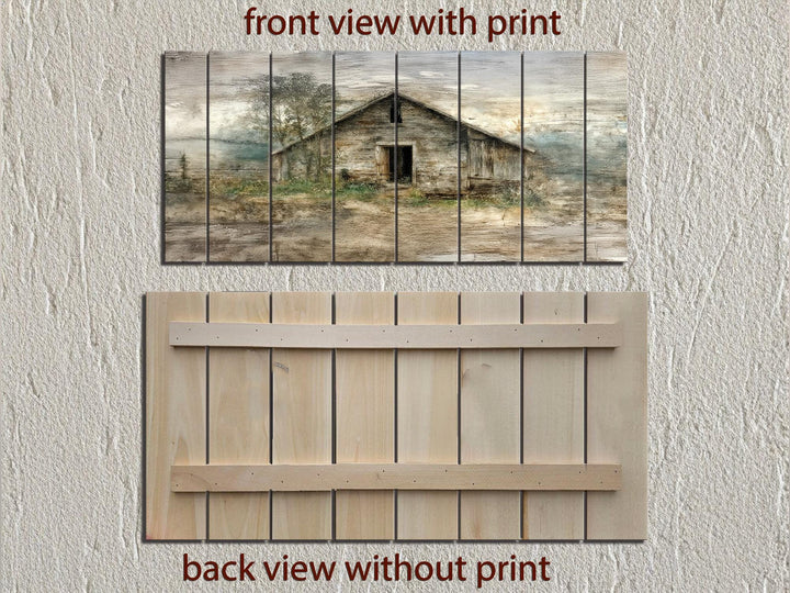 Rustic barn wall art printed on horizontal wood planks with a distressed farmhouse finish.