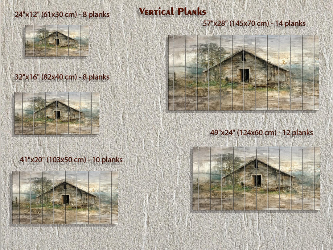 Rustic barn landscape art printed on vertical wood planks in five different size options.