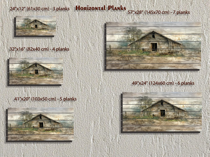 Rustic barn wall art on horizontal wood planks, available in five sizes from 24 to 57 inches wide.