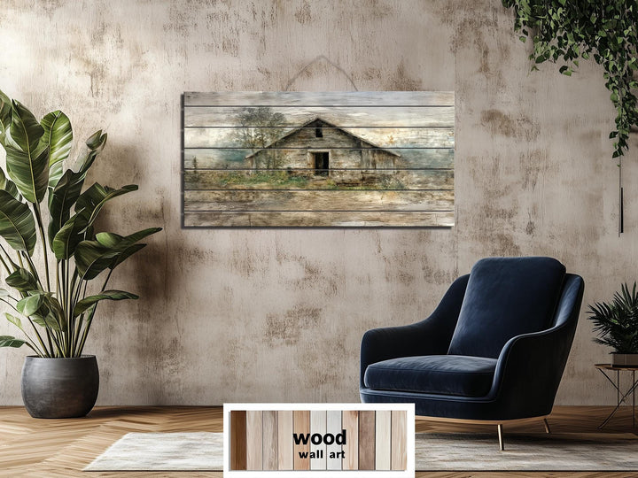 Rustic barn wall art printed on horizontal wood planks in a neutral farmhouse style.