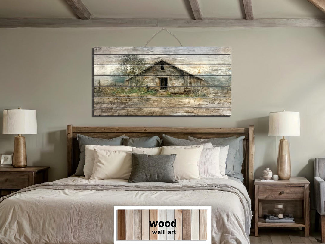Rustic barn wall art printed on horizontal wood planks in neutral beige, brown, and green tones.