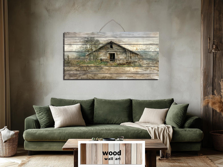 Rustic barn wall art printed on horizontal distressed wood planks in neutral beige and brown tones.