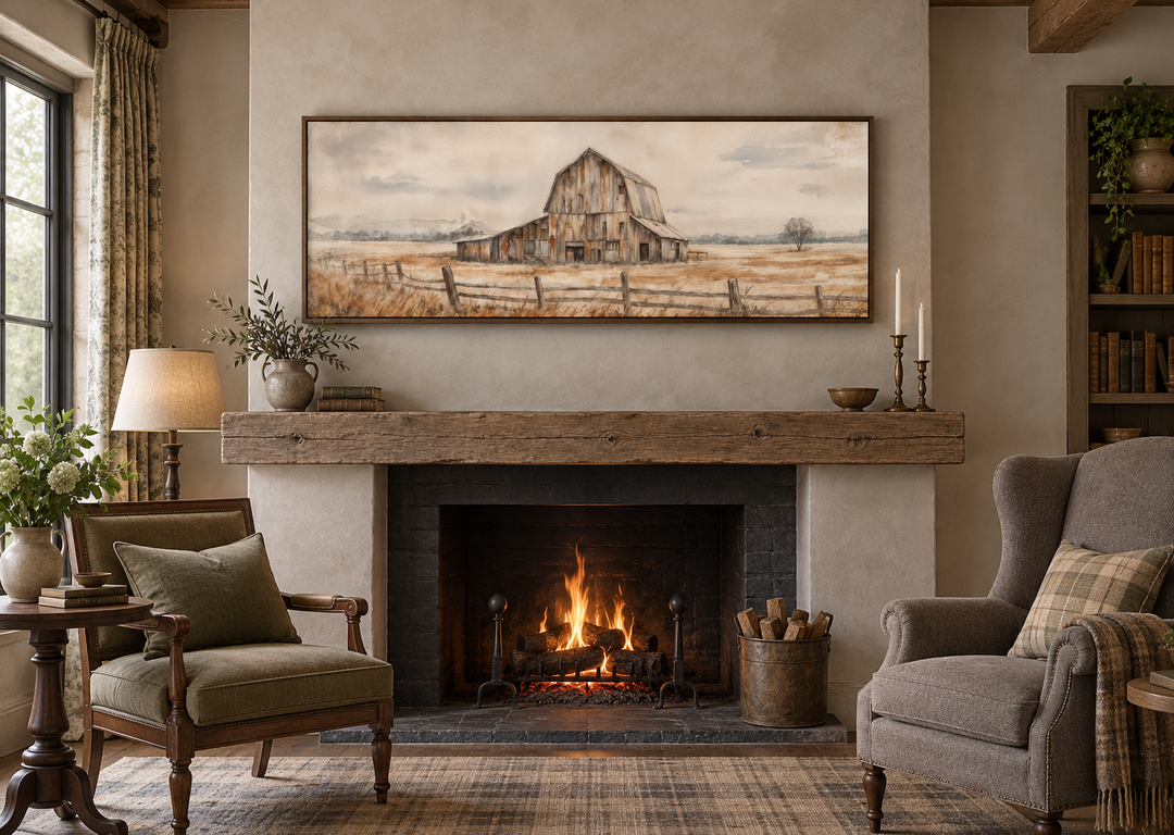 Rustic barn wall art in a long horizontal frame above a fireplace in a neutral farmhouse room.
