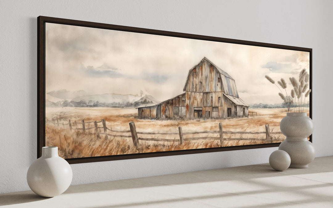 Rustic barn wall art in a long horizontal canvas print with neutral farmhouse tones.