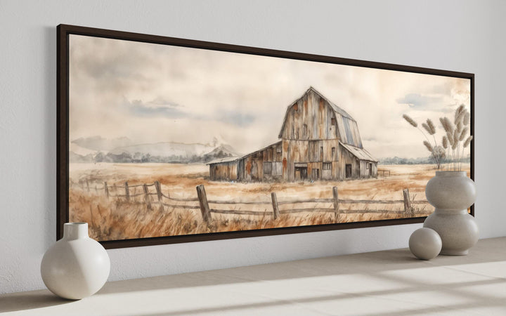 Rustic barn wall art in a long horizontal canvas print with neutral farmhouse tones.