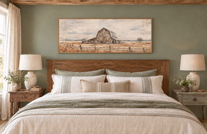 Rustic barn wall art in a long horizontal frame above a bed in a neutral farmhouse bedroom.