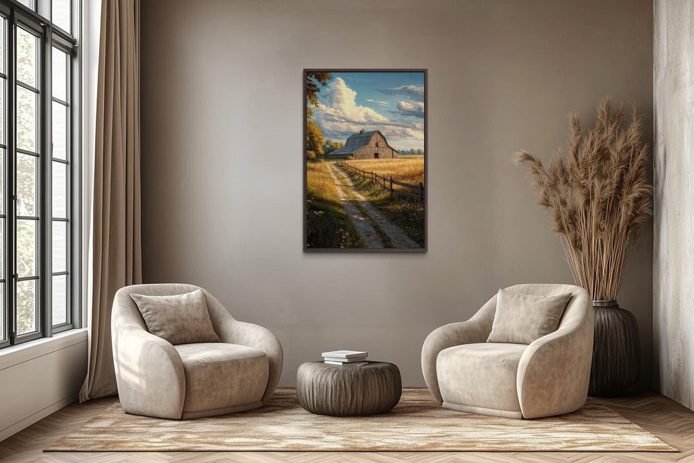 Vertical farmhouse canvas print of a rustic barn and golden field landscape in a modern living room.