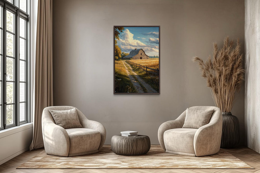 Vertical farmhouse canvas print of a rustic barn and golden field landscape in a modern living room.