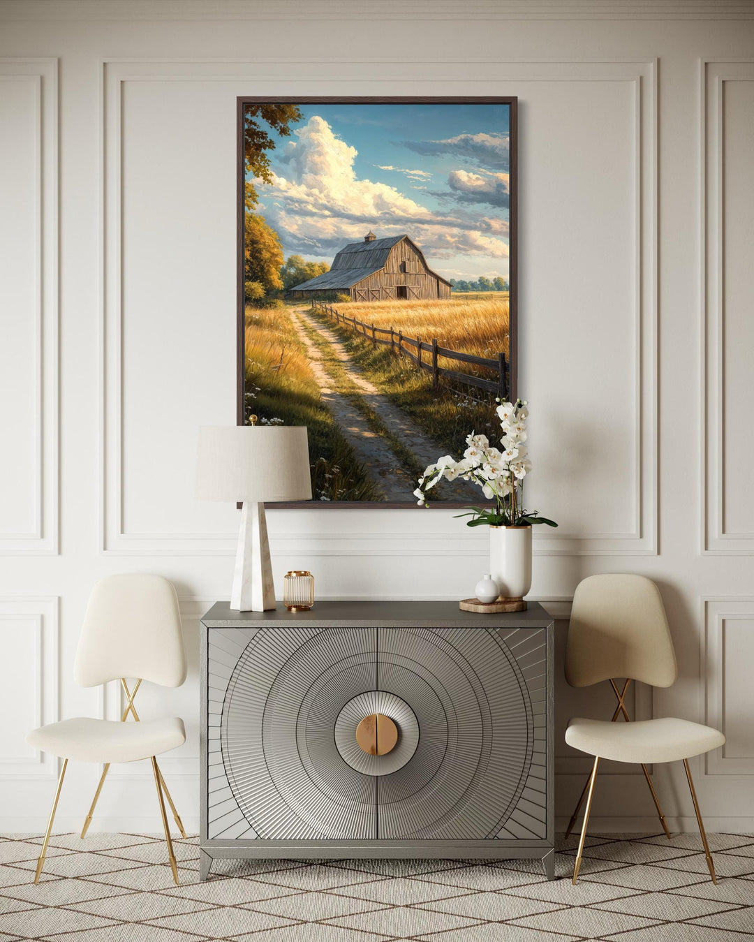 Vertical canvas print of a rustic barn in a golden field landscape above a modern sideboard.