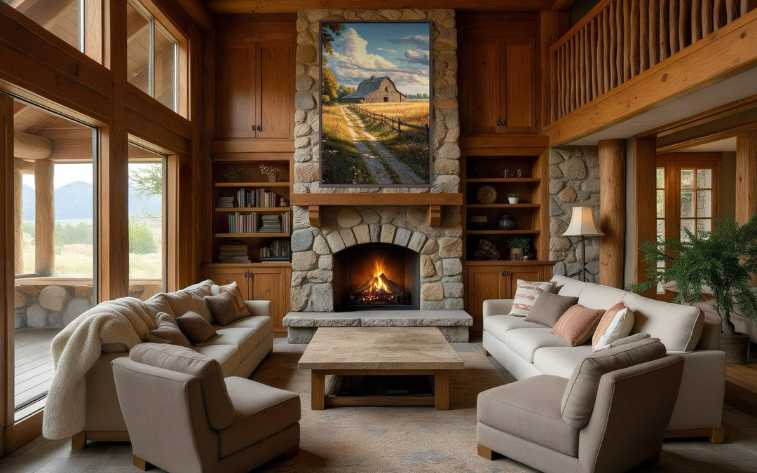 Vertical canvas print of a rustic barn in a golden field landscape above a stone fireplace.