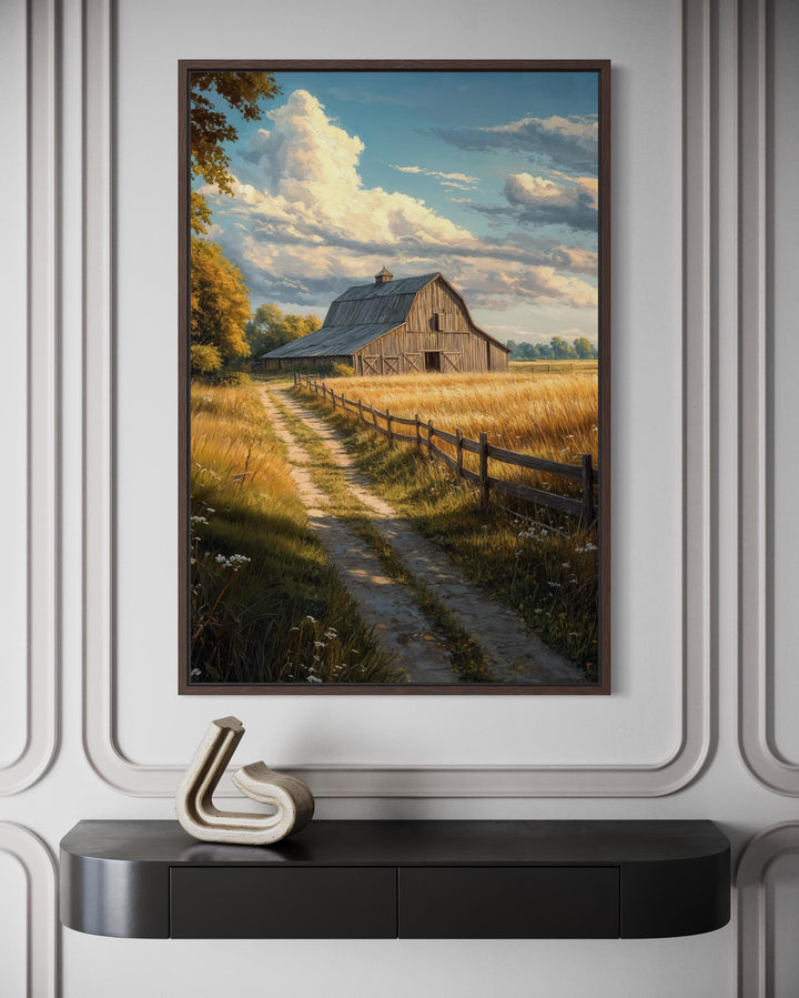 Vertical farmhouse canvas print of a rustic barn in a golden field landscape on a paneled wall.
