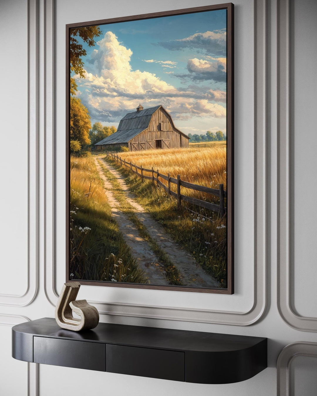 Vertical farmhouse canvas print of a rustic barn and golden field in a dark wood frame.