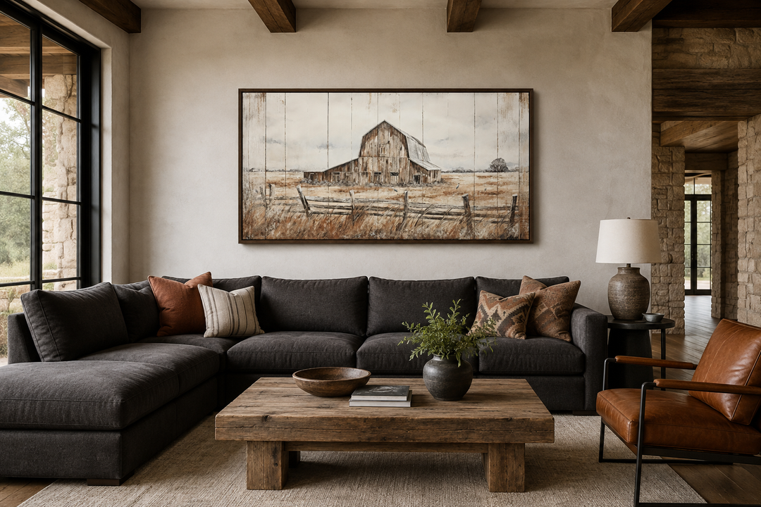 Rustic weathered barn wall art in a dark wood frame above a charcoal sectional sofa.