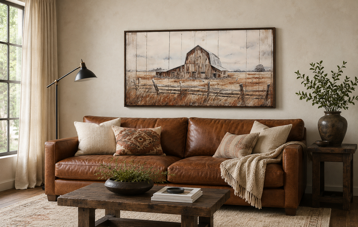 Rustic framed canvas wall art of a weathered barn in a field above a brown leather sofa.