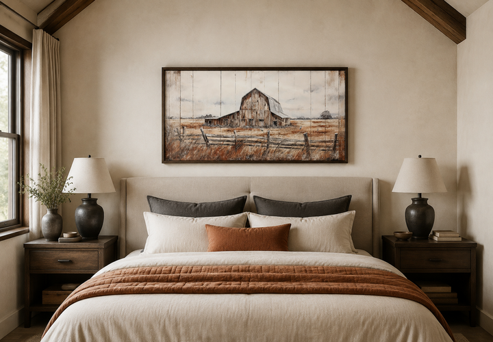 Rustic barn wall art in a dark wood frame hanging above a neutral upholstered bed in a bedroom.