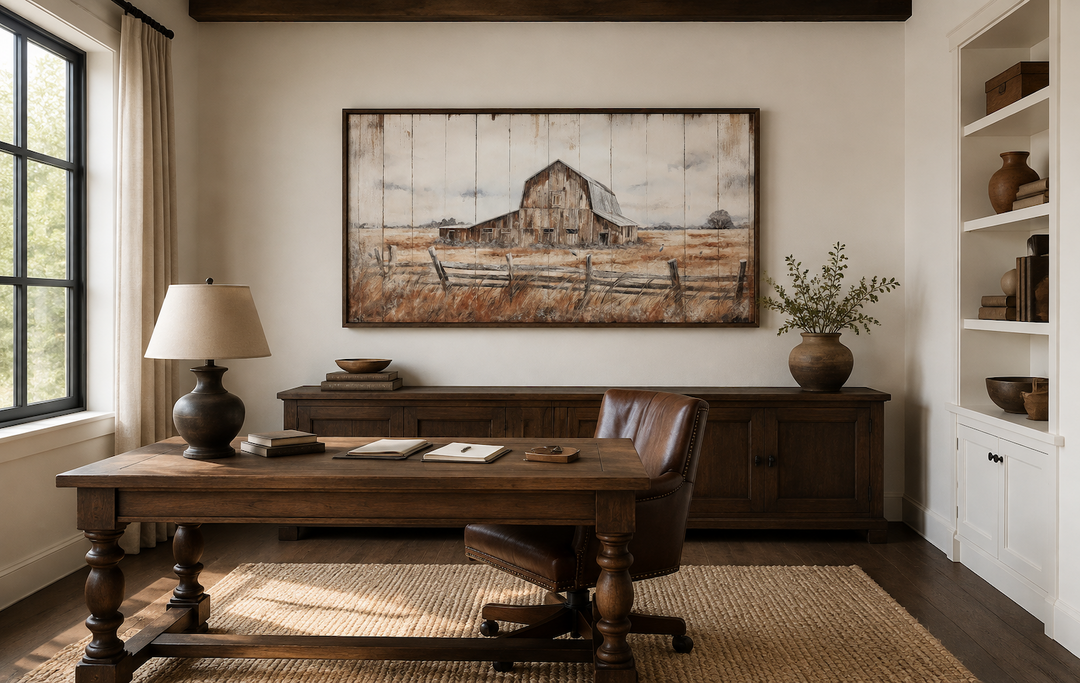 Rustic weathered barn wall art canvas in a dark wood frame above a wooden desk in a home office.