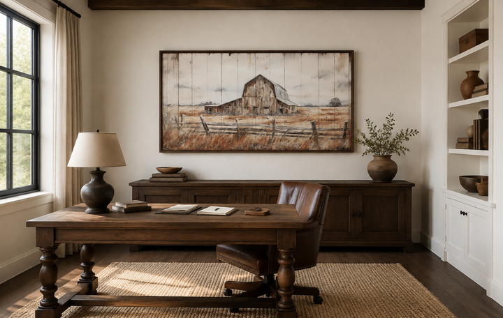 Rustic weathered barn wall art canvas in a dark wood frame above a wooden desk in a home office.