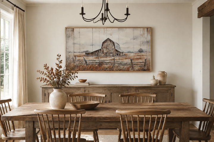 Rustic weathered barn canvas wall art in a wooden frame hanging above a dining room sideboard.