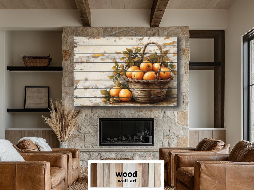 Rustic Basket of Apples Distressed Wood Wall Art For Kitchen Decor