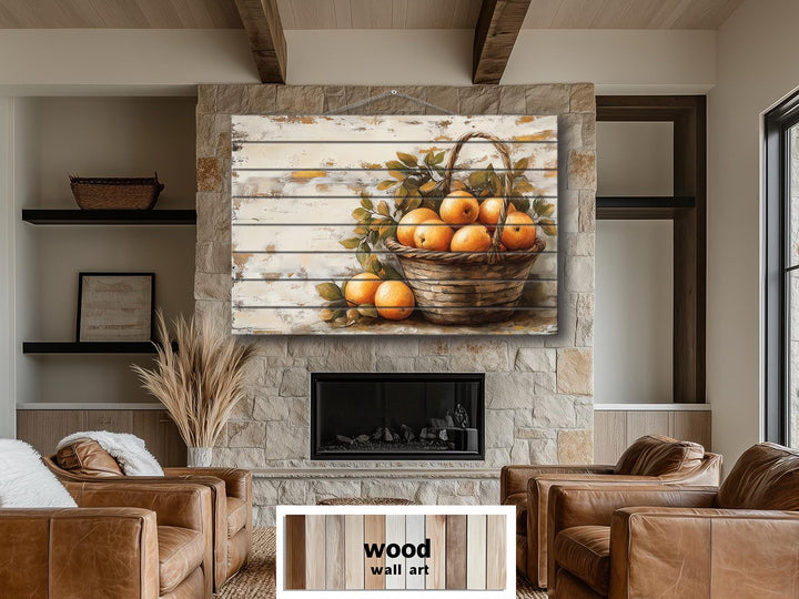 Rustic Basket of Apples Distressed Wood Wall Art For Kitchen Decor