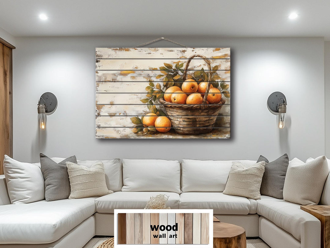 Rustic Basket of Apples Distressed Wood Wall Art For Kitchen Decor