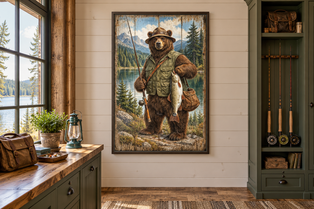 Rustic vertical canvas print of a brown bear in a fishing vest holding a rod and fish by a lake.