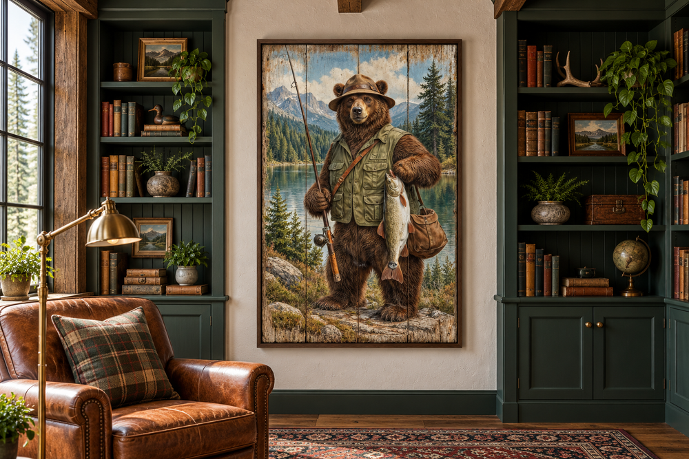 Rustic brown bear fishing wall art in a lodge-style library with leather chair and green shelves.