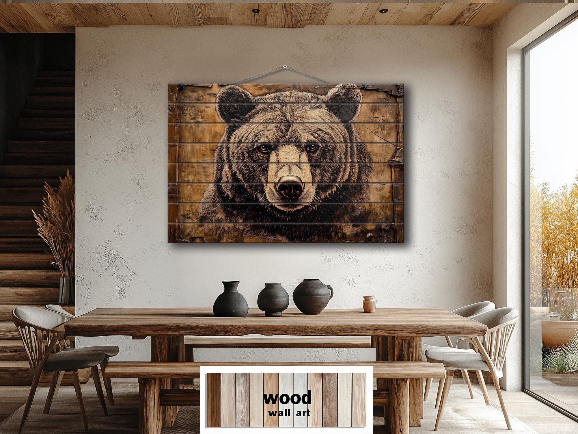 小物入れ Hi Bear Wood Wall Art by beccatapert Rustic-Bear-Portrait-Real-Wood