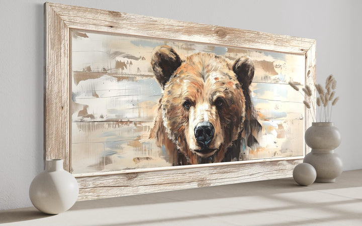 Rustic Bear Wall Art – Distressed Wood Effect Framed Canvas Print