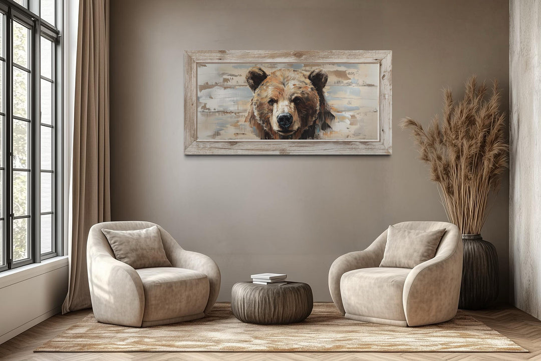 Rustic Bear Wall Art – Distressed Wood Effect Framed Canvas Print