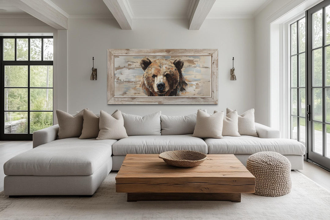 Rustic Bear Wall Art – Distressed Wood Effect Framed Canvas Print