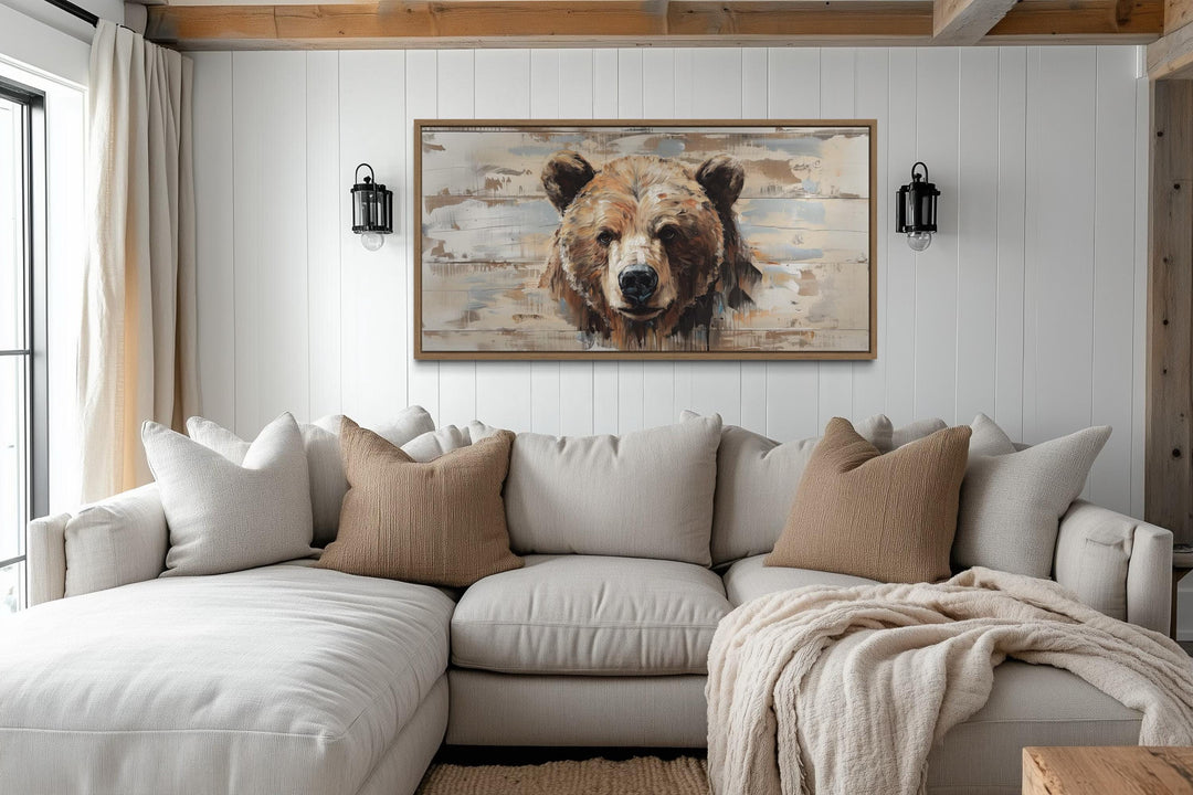 Rustic Bear Wall Art – Distressed Wood Effect Framed Canvas Print