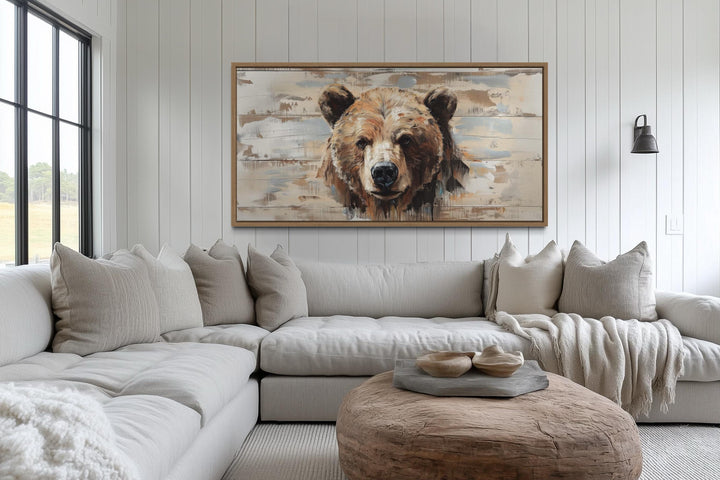 Rustic Bear Wall Art – Distressed Wood Effect Framed Canvas Print