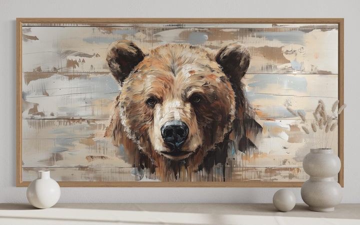 Rustic Bear Wall Art – Distressed Wood Effect Framed Canvas Print