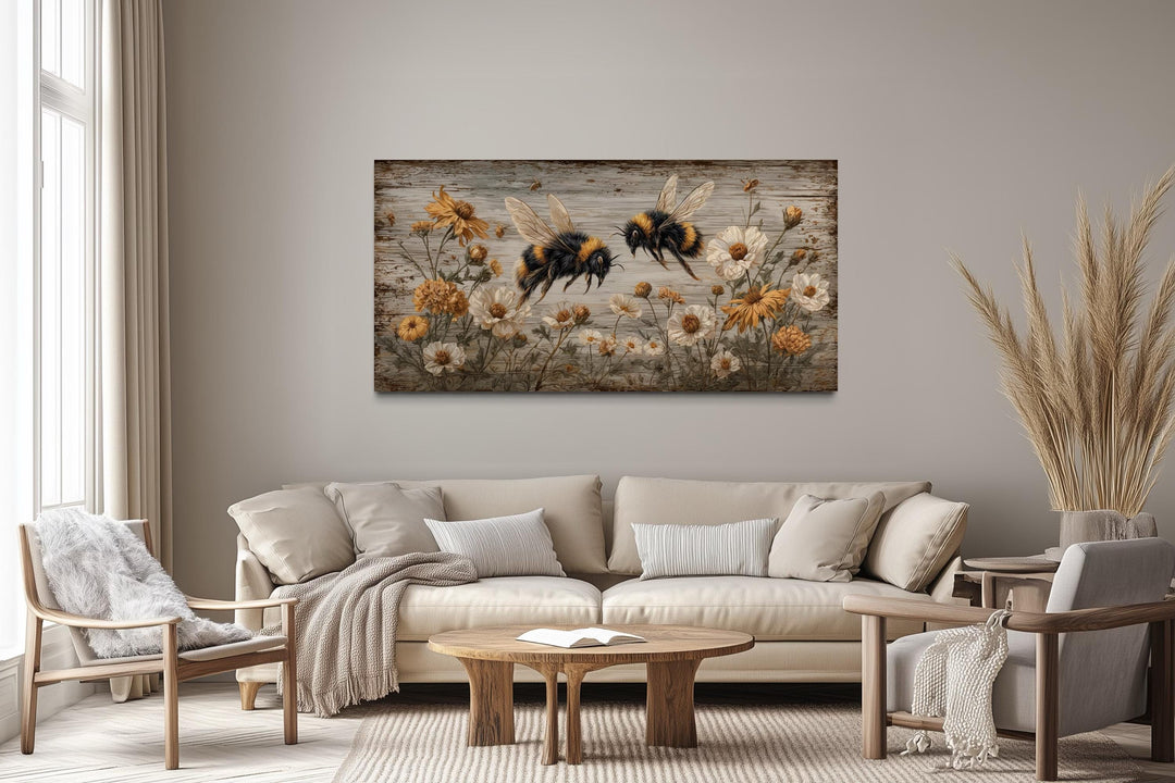 Rustic Bees and Wildflowers Canvas Wall Art