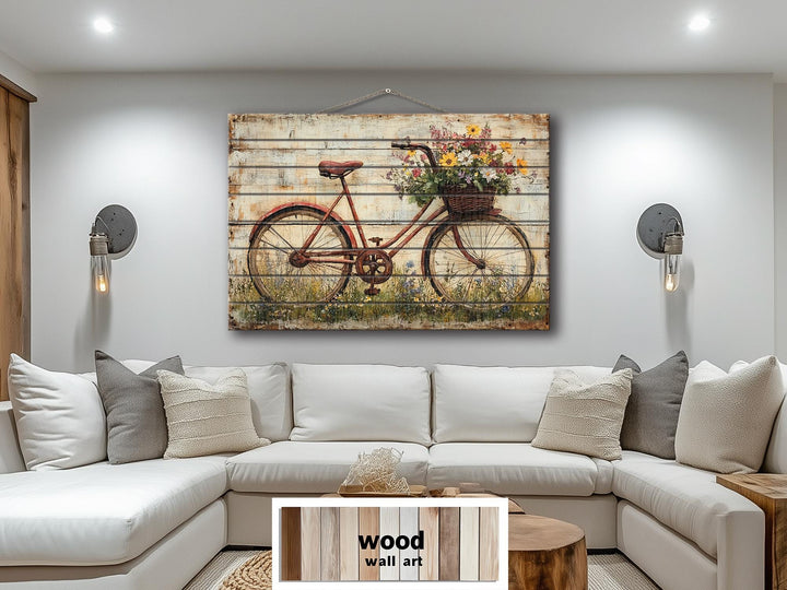 Rustic Bicycle With Flowers Wood Sign Vintage Farmhouse Real Wood Wall Art