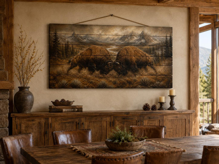 Rustic wood wall art of two bison butting heads in a mountain landscape above a wooden sideboard.