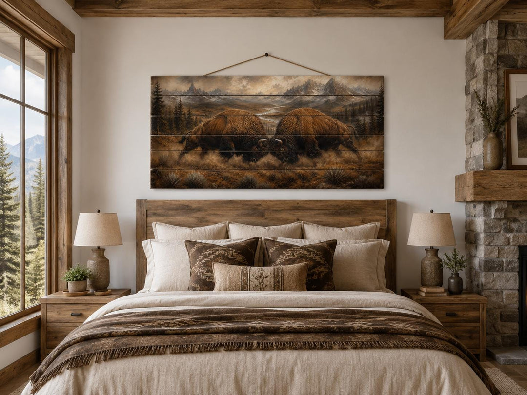 Rustic bison butting heads wood wall art hanging above a bed in a mountain cabin bedroom.