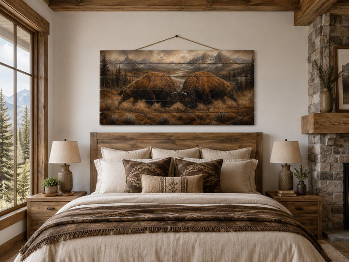 Rustic bison butting heads wood wall art hanging above a bed in a mountain cabin bedroom.