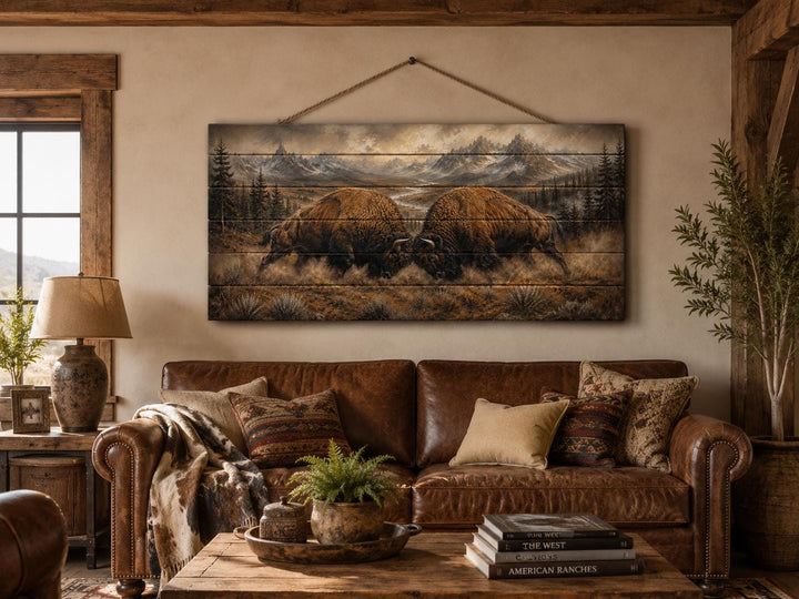 Rustic wood wall art of two bison butting heads in a mountain landscape above a leather sofa.