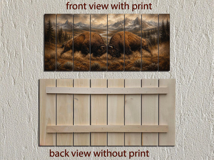 Rustic wood wall art of two bison butting heads in a mountain scene, front and back views.