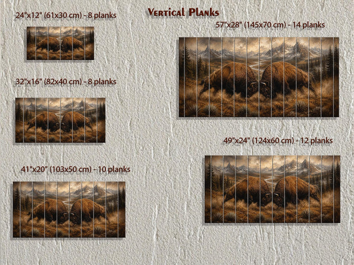 Rustic bison wood wall art in five sizes from 24"x12" to 57"x28" with 8 to 14 vertical planks.