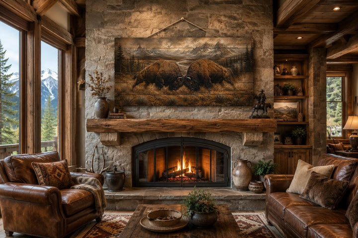 Rustic wood wall art of two bison butting heads in a mountain scene above a stone fireplace.