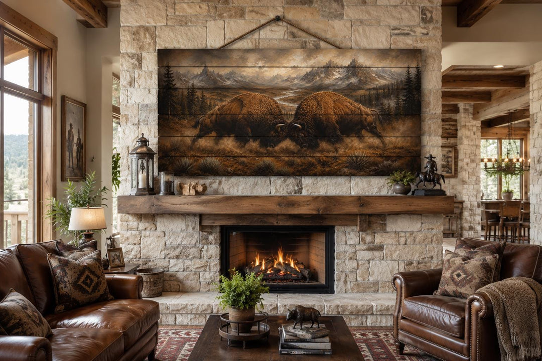 Rustic bison butting heads wood wall art above a stone fireplace in a mountain cabin living room.