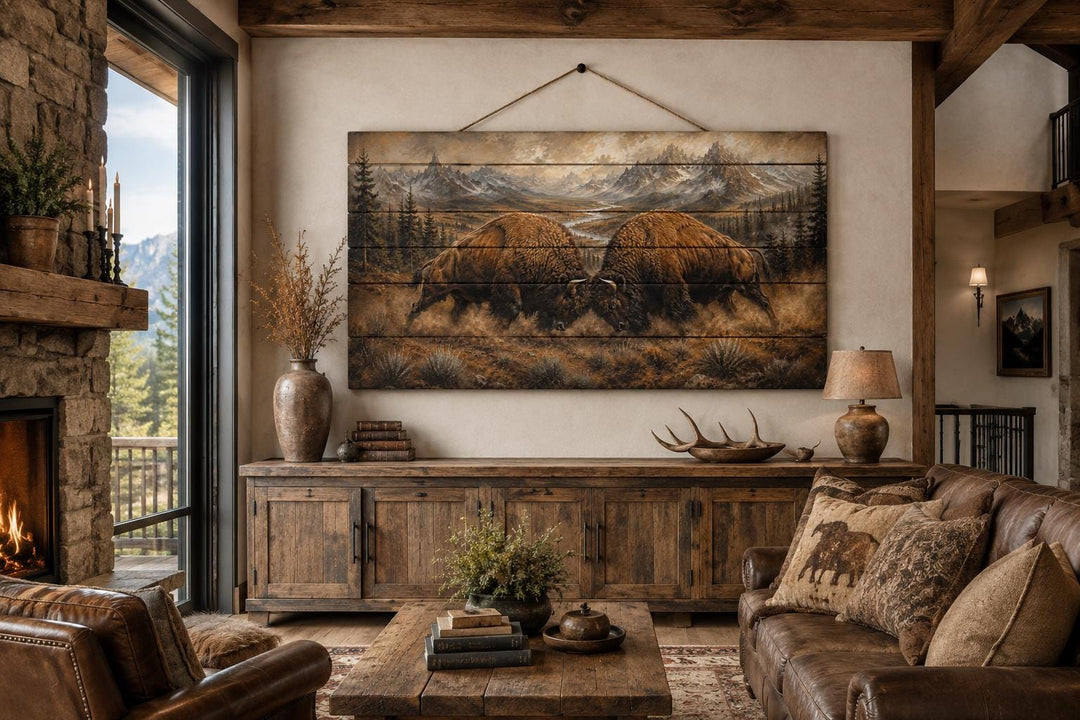 Rustic wood wall art of two bison butting heads in a mountain landscape above a cabin sideboard.