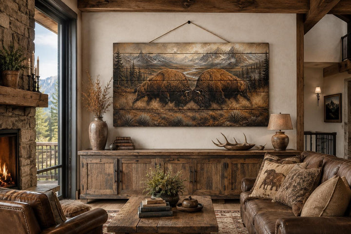 Rustic wood wall art of two bison butting heads in a mountain landscape above a cabin sideboard.