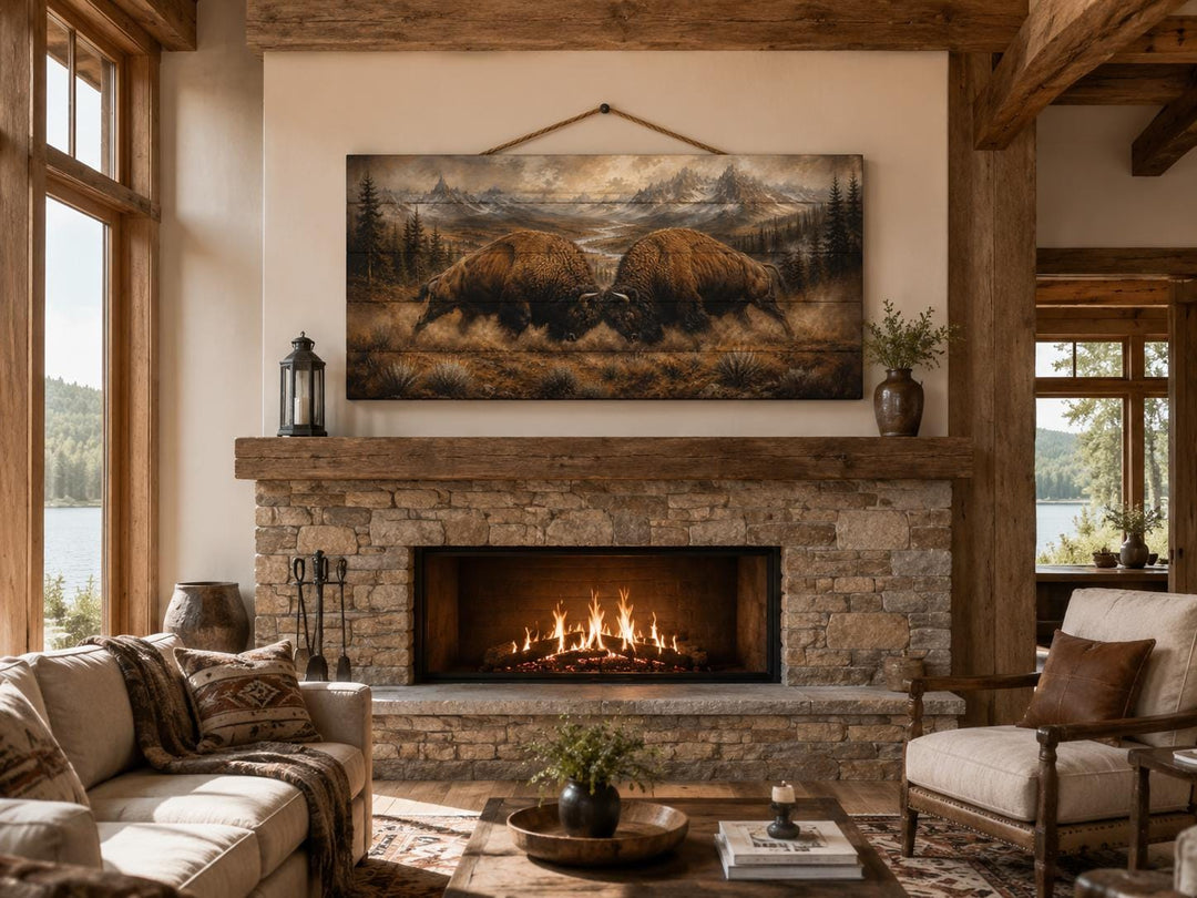 Rustic bison butting heads wood wall art hanging above a stone fireplace in a mountain cabin.