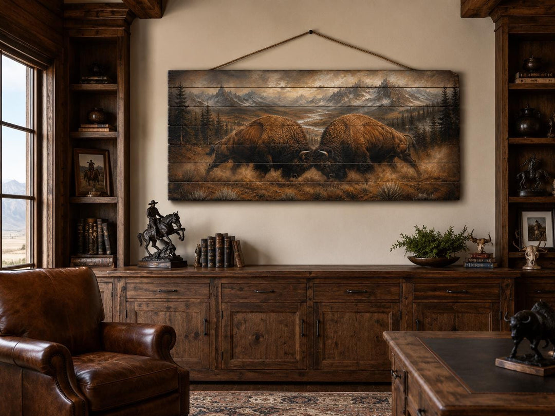 Rustic wood wall art of two bison butting heads in a mountain landscape above a wooden sideboard.